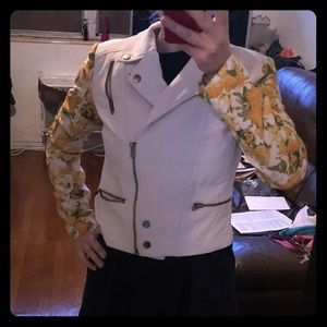 Suede jacket and silk flowery sleeves